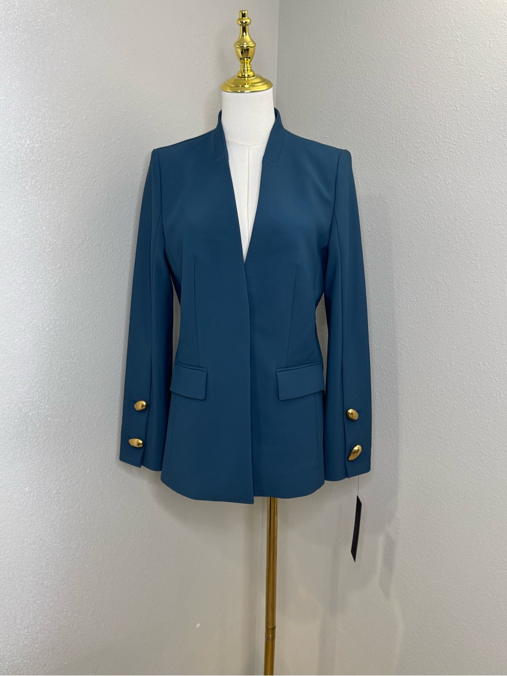Donna Karan New York Petite 8P Teal Blue Blazer Gold Buttons NWT